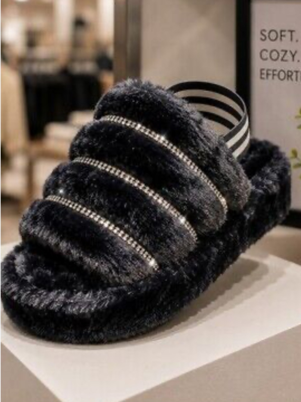 Faux Fur Black Fuzzy Slide Slippers Rhinestone Stripes elastic strap size 6 new